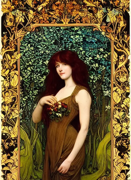 Image similar to masterpiece beautiful seductive flowing curves pose preraphaelite portrait photography, straight bangs, yellow ochre ornate medieval dress, mushroom forest arch, william morris and kilian eng and mucha, framed, 4 k