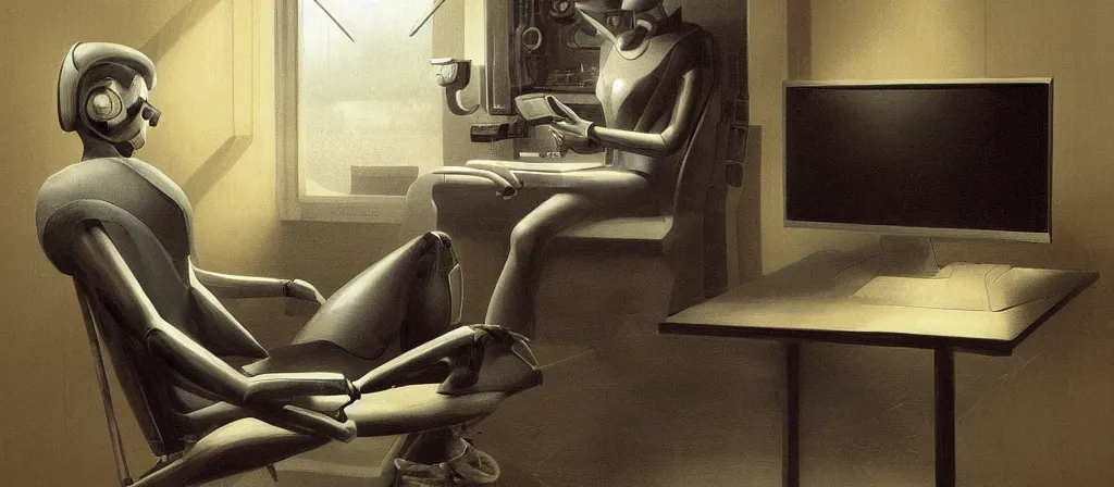 Prompt: human sitting in a chair to get upload by a futuristic scan machine to a computer, uploaded, scifi machine, very detailed, award winner on deviantart by geg rutkowski, by madgwick