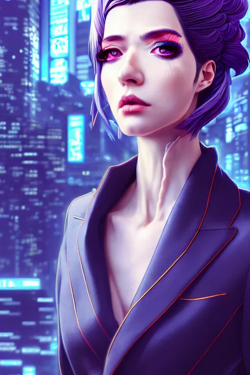 Image similar to hyperdetailed very close portrait of a european thirty years old woman in an elegant suit with a pin in a cyberpunk city inspired by ross tran and wlop and masamune shirow and kuvshinov, concept art, intricate, photorealistic, octane render, rtx, hdr, unreal engine, dnd digital art by artgerm fine face