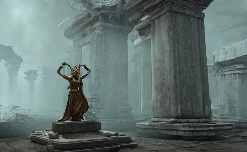 Image similar to A white priestess is conjuring a spell inside the ancient and mythical temple. Bronze statue, unreal engine