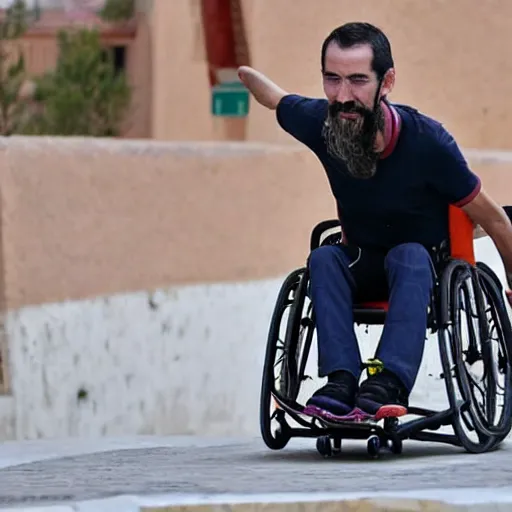 Prompt: pablo echenique in his wheelchair skateboarding in el valle de los caidos, in spain