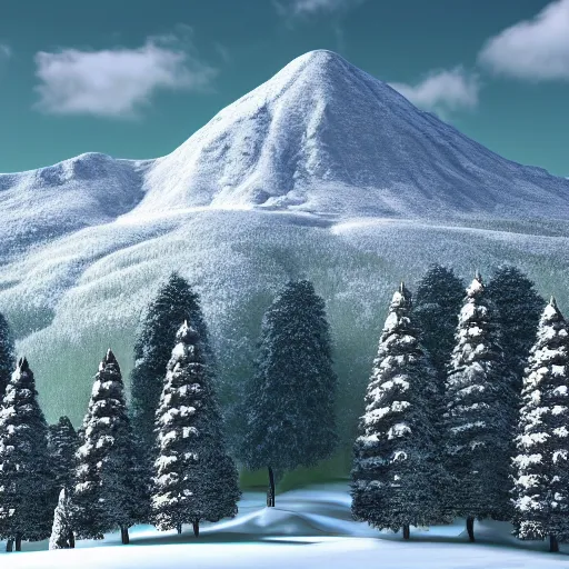 Prompt: A beautiful, snow-covered mountain, with a majestic peak, surrounded by evergreen trees, and a cold, clear sky overhead, trending on artstation, artstationHD, artstationHQ, photorealistic imagery, 3D art, 4k, 8k