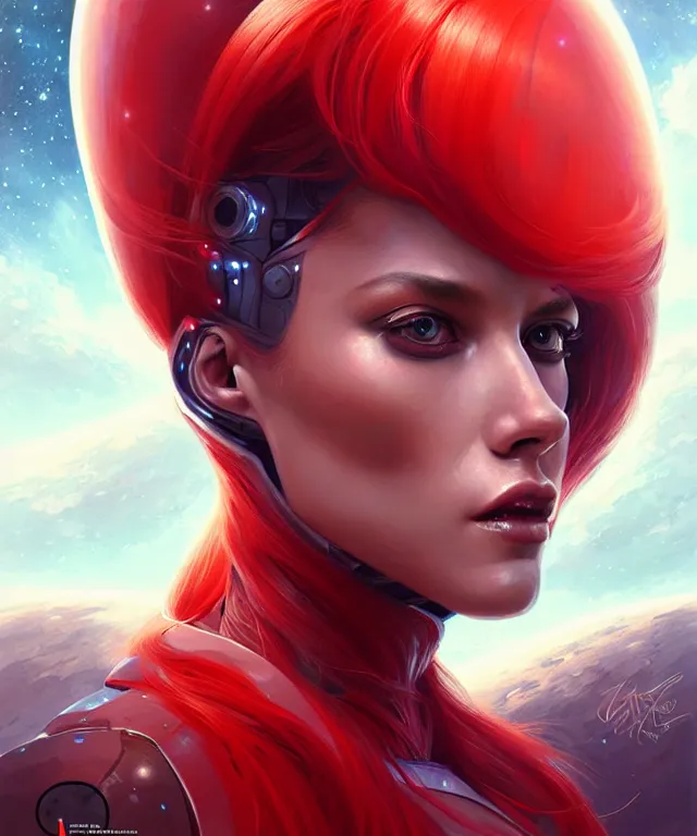 Image similar to futuristic bodycon spacesuit woman portrait, sci-fi, fierce eyes, long red hair, fantasy, intricate, elegant, highly detailed, digital painting, sharp focus, illustration, art by artgerm and greg rutkowski and WLOP