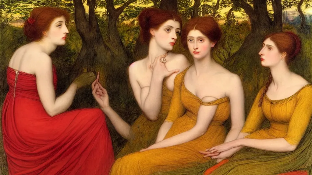 Prompt: portrait of a pale woman with brown hair wearing a red dress is held by another pale woman with black hair wearing a yellow dress sitting together surrounded by nature, in the style of “ sappho and erinna in the garden mytelene ” by simeon solomon, intricate details, high detail, super - flat