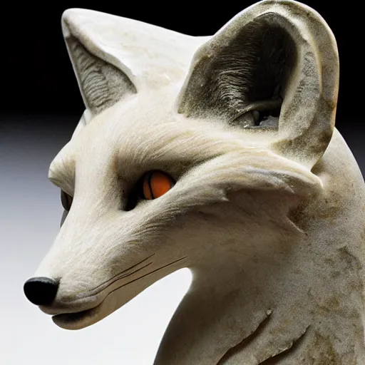 Prompt: A marble sculpture of a fox. Intricate detail, museum photo