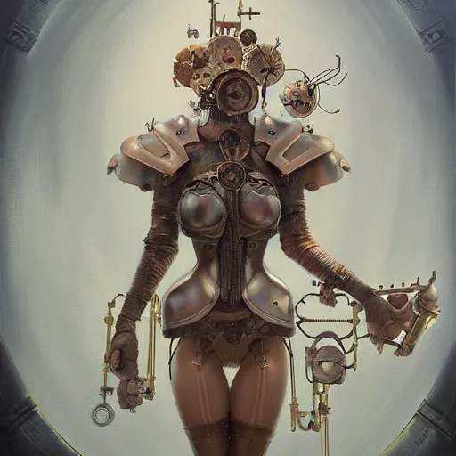 Image similar to by tom bagshaw, ultra realist vivid soft painting of a carnival of curiosities, single curvy etheral voung steampunk female in a full ornated armor gears, cables, led, flying machinery, partial symmetry accurate features, very intricate details, focus, award winning, ultra dense fog