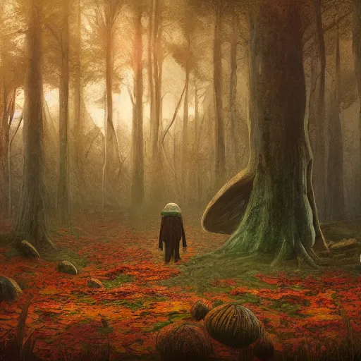 Image similar to an old broken hut mage of huge mushrooms, in an autumn forest, green and brown tones, by Aron Wiesenfeld and beksincki, in the style of of simon stalenhag and Bev dolittle, cinematic, detailed illustration, nature, fog, dark colors, suspense, intricate, 8k in the style