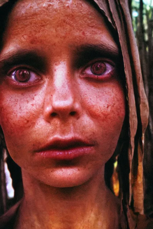 Prompt: close up portrait photography of a woman with bright eyes standing in front of forest fire, 35mm, film photo, steve mccurry