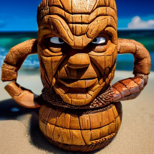 Image similar to a closeup photorealistic photograph of ben grimm's face on a tiki mug at trader vic's beach bar. fantastic four. tiki culture. bright scene. fine detail. this 4 k hd image is trending on artstation, featured on behance, well - rendered, extra crisp, features intricate detail, epic composition and the style of unreal engine.