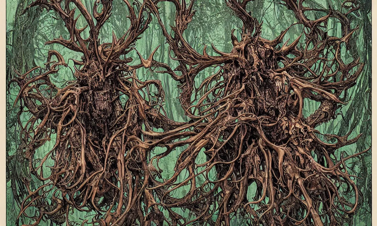 Image similar to hyperdetailed art nouveau portrait of treebeard as a cthulhu eyeball moose skull wendigo cryptid monster, by geof darrow, simon bisley and bill sienkiewicz, grim yet sparkling atmosphere, photorealism, claws, skeleton, antlers, fangs, forest, wild, bizarre, scary, lynn varley, lovern kindzierski, steve oliff