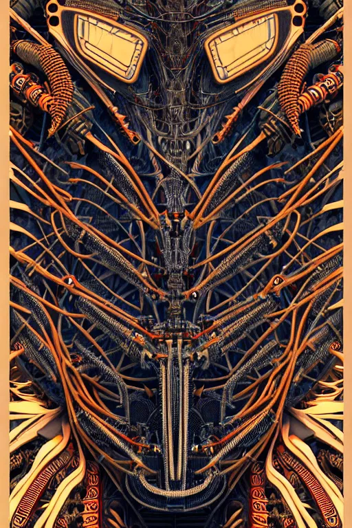Prompt: a centered uncut fullbody frontview portrait of a robotic predator headed biomechanical creature by clogtwo and subjekt zero feat paul lewin and ø - cult. intricate detailed sharp clean textured very ornated. indian style tapestry design. hd. 4 k. lowbrow color palette