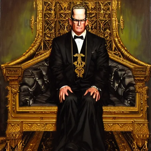 Image similar to perfectly centered portrait of hank hill in gold gothic robe sitting on a throne of black bones, highly detailed painting by gaston bussiere, craig mullins, j. c. leyendecker, 8 k, mid shot