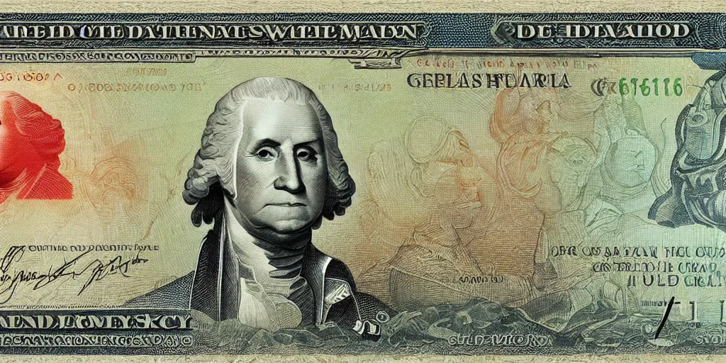 Prompt: high tech usd banknote, george washington, realistic, many small details, 8 k, sharp, clean, grid, by moebius, peter mohrbacher, doug mahnke, leonardo da vinci,