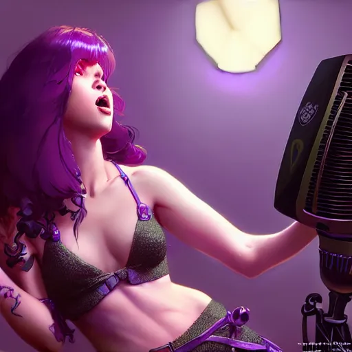 Image similar to stunningly beautiful purple haired female at home studio singing karaoke late at night, very detailed, 4 k, concept art like ernest khalimov, intricate details, highly detailed by greg rutkowski, ilya kuvshinov, gaston bussiere, craig mullins, simon bisley, backlit