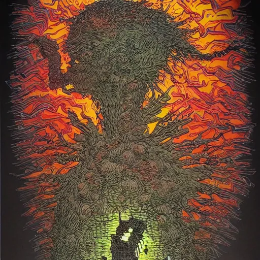 Prompt: crayon art by geof darrow tumultuous. in the center of the photograph is a large gateway that seems to lead into abyss of darkness. on either side of the gateway are two figures, one a demon - like creature, the other a skeletal figure.