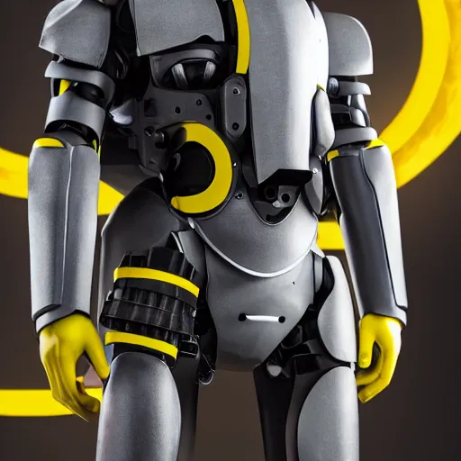 Prompt: a tall faceless security robot with dark grey and yellow armor holding a futuristic rifle