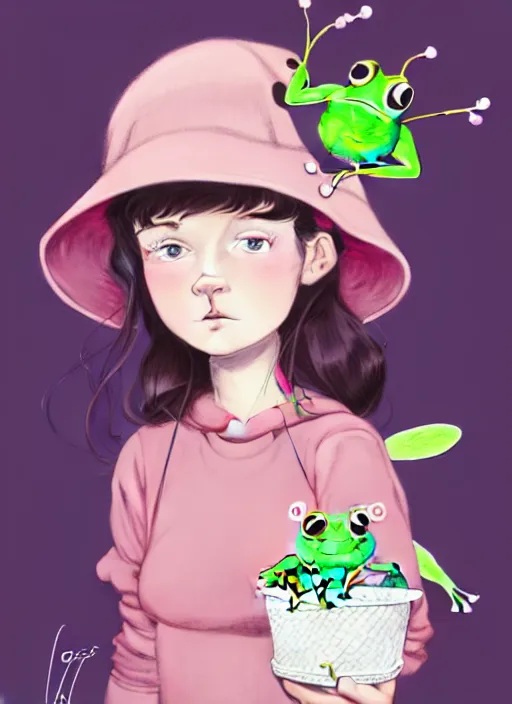 Prompt: highly detailed portrait of a cute fairy girl with a bucket hat holding a frog plushie, tartan hoody, photographic realistic background, ringlet hair by atey ghailan, by greg rutkowski, by greg tocchini, by james gilleard, by joe fenton, by kaethe butcher, gradient pink, cream, celeste and white color scheme, trending in instagram, award winning details