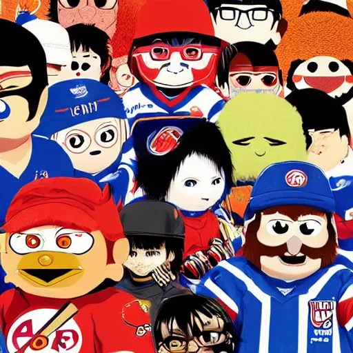 Image similar to illustration of youppi in a gang with all nhl mascots by ilya kuvshinov katsuhiro otomo