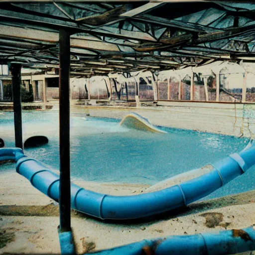 Image similar to a photo of an abandoned water park from the 1 9 9 0 s, disposable film