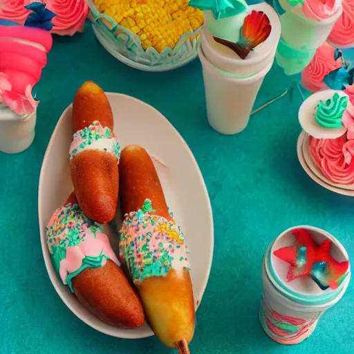 Image similar to corn dogs, mermaid themed birthday cake, food photography,