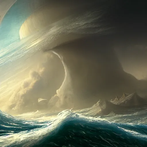 Image similar to Rendering of a scene of Noah’s ark atop a wave on a stormy ocean, on a ringworld, ringworld rising up from the horizon, dark effect, trending on cgsociety and unreal engine, highly detailed，super wide angle