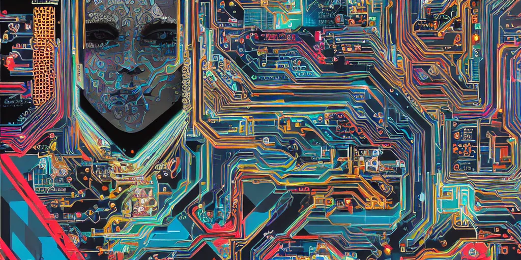 Prompt: portrait of computer & circuits, 8 k, by tristan eaton, trending on deviantart, face enhance, hyper detailed, minimalist, full of colour, super detailed, cinematic