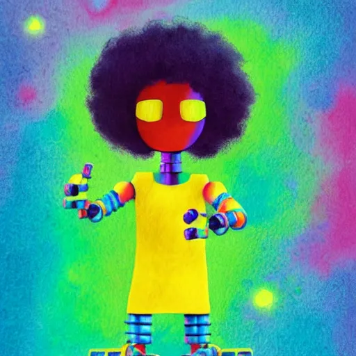 Prompt: a black girl with a colorful afro and rainbow eyes building a robot, bright colours, bokeh!! watercolor, volumetric wool felting, macro photography, children illustration, by goro fujita