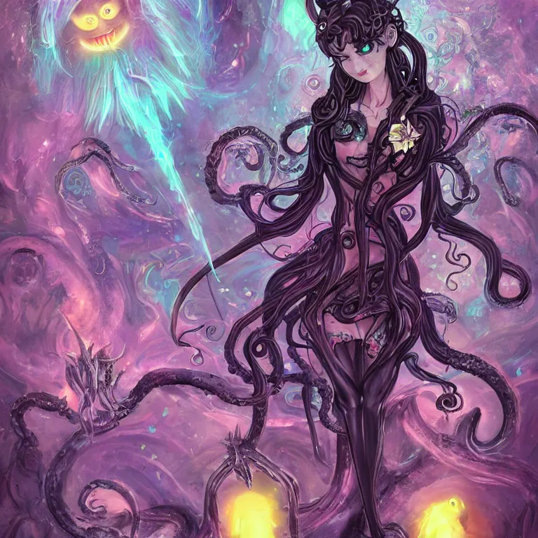 Image similar to A dark fairy from the Abyss. Lit from above. Thick Atmosphere. Sailor Moon. Tentacles. Cute. Kawaii. Chibi. Neon Accents. Bioluminescence. By Lisa Frank and HR Giger. Key Art. Fantasy Illustration. award winning, Artstation, intricate details, realistic, Hyperdetailed, 8k resolution.