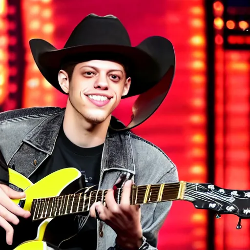 Prompt: pete davidson has a really nice electric guitar and plays it while wearing a cowboy hat and cowboy outfit