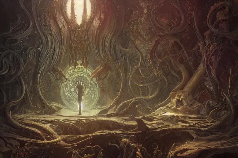 Image similar to a lovecraftian painting of a demonic portal, cosmic horror elements, ultra realistic, concept art, intricate details, eerie, highly detailed, photorealistic, octane render, 8 k, unreal engine. art by artgerm and greg rutkowski and alphonse mucha