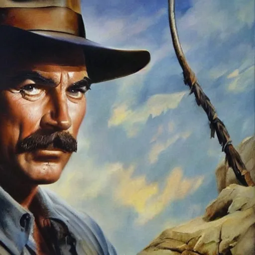 Prompt: ultra realistic portrait painting of tom selleck as indiana jones, art by frank frazetta, 4 k, ultra realistic, highly detailed, epic lighting