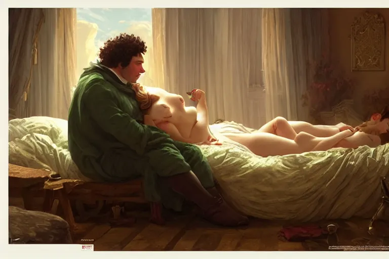 Image similar to russian poet alexander pushkin and shrek together in bed, portrait, highly detailed, digital painting, artstation, concept art, smooth, sharp focus, illustration, cinematic lighting, art by artgerm and greg rutkowski and alphonse mucha