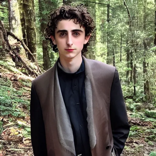 Prompt: timothee chalamet with loincloth, ominous, eerie forest in background