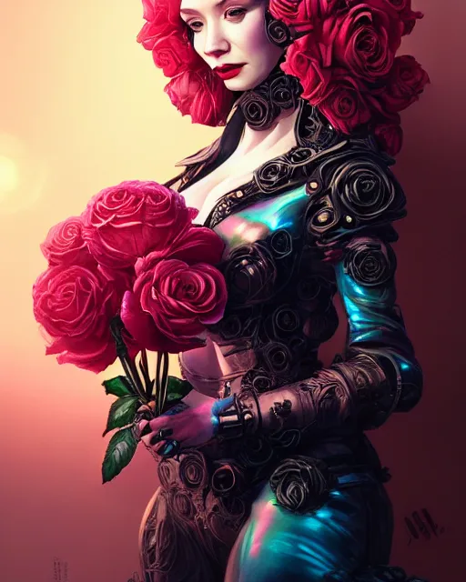 Prompt: portrait of christina hendricks with roses, baroque, cyberpunk cyborg. roses, sci - fi, intricate abstract upper body intricate artwork, by tooth wu, wlop, beeple, dan mumford. concept art, octane render, deviantart, greg rutkowski, cinematic arthouse, key art, hyper realism, iridescent accents