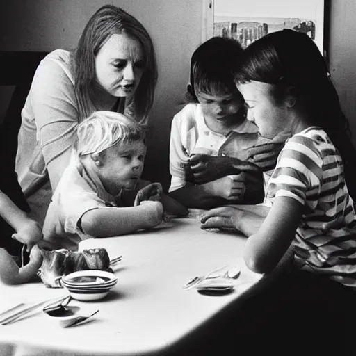 Image similar to black and white photograph of family at table by Eugene Richards