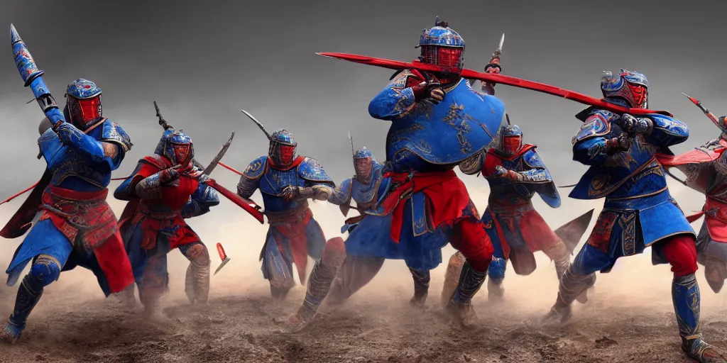 Image similar to mid action shot cinematic artwork of warriors in blue armor fighting warriors wearing red Chinese armor on the battlefield by greg rutowski, masterpiece, 4k