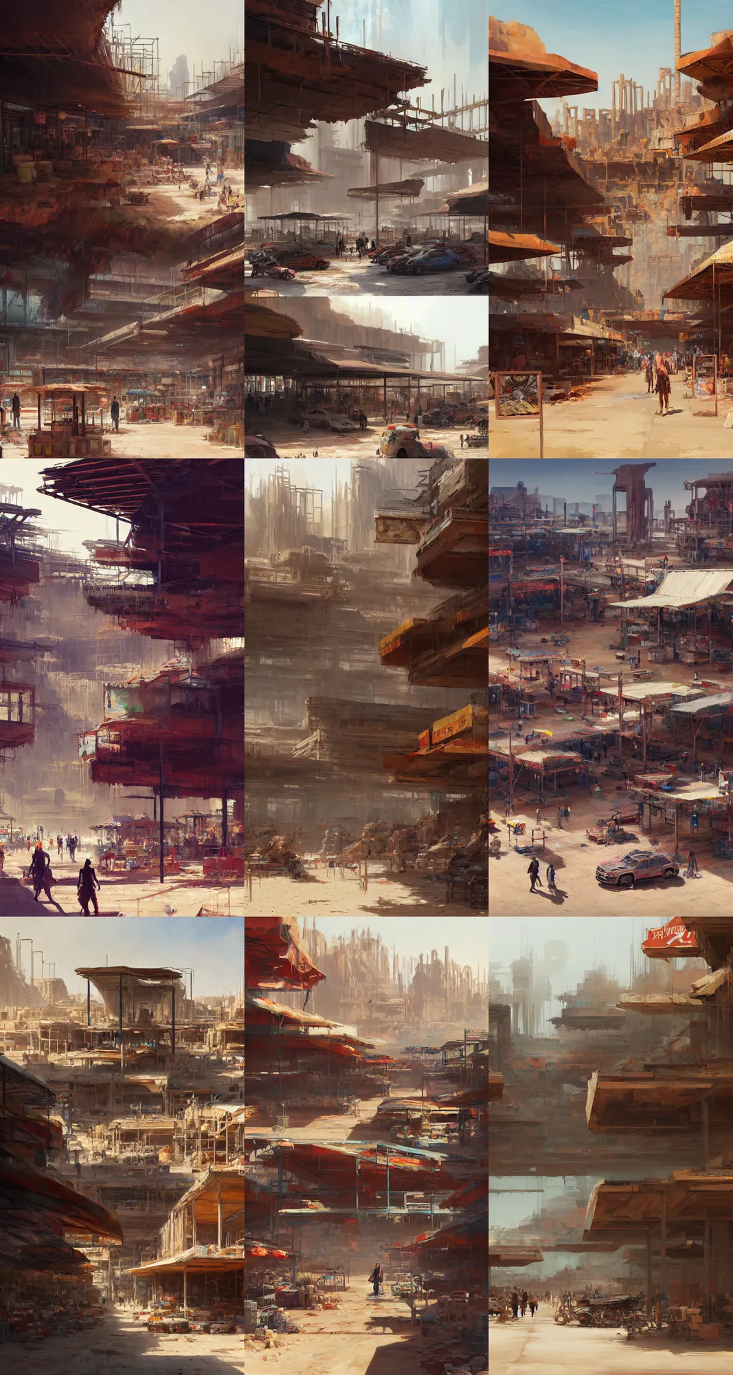 Prompt: painting of a dystopian desert marketplace that was once the american south, merchant stands and customers, busy, bustling, vibrant, ancient ruins, sandy, ruined gas station and cars, by ruan jia, by conrad roset, by yoshitaka amano, cgsociety, artstation, portfolio quality.