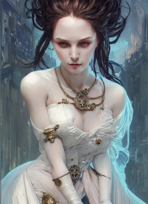 Image similar to portrait of beautiful pale gothic maiden, warhammer 40000, cyberpunk, intricate, elegant, highly detailed, digital painting, artstation, concept art, smooth, sharp focus, illustration, art by artgerm and greg rutkowski and alphonse mucha and Gustav Klimt and Ilya Kuvshinov