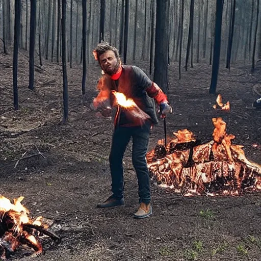 Prompt: a photo of jovanotti burn a forest with flamethrower