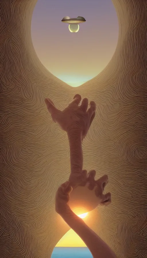 Prompt: a first-person 8K view within a floating 3D VR hand interface by Jony Ive, in the style of Moebius, Roger Dean, intricate photograph in the style of Caravaggio and James Turrell, 8K, sunrise atmospheric phenomena in translucent colloid neuomorphic interface