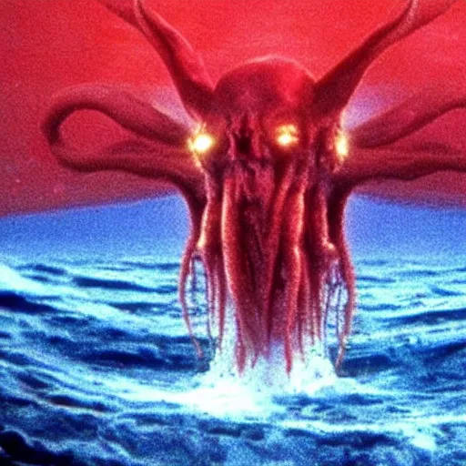 Prompt: the filmic anti - christ rising from a red ocean. alien squid appear. ominous. vivid color detailed photograph from a 1 9 9 0 s horror movie.