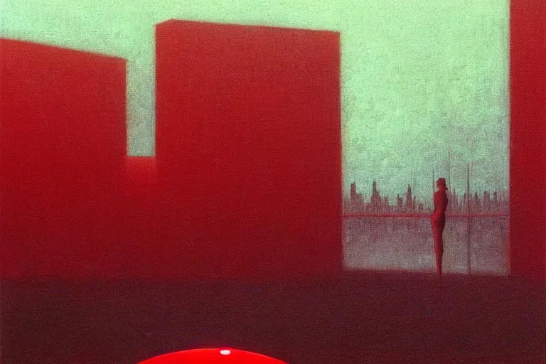 Image similar to only with red, red gif of death eat apple, a futuristic city in the background, an ancient path, in the style of beksinski, part by hopper, part by rodcenko, part by hofbauer, intricate composition, red by caravaggio, insanely quality, highly detailed, masterpiece, red light, artstation, 8 k