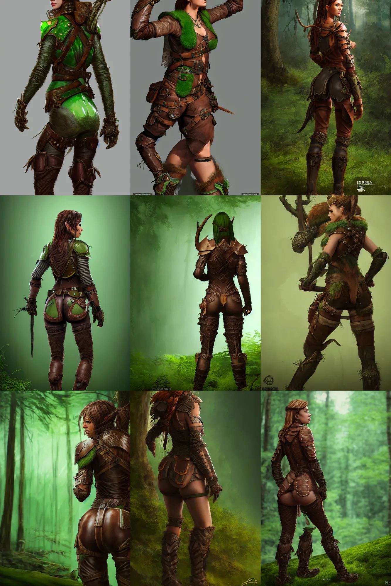 Prompt: Forest hunter lady, brown leather armor, green background, looking from behind, looking at camera, derriere, epic, high fantasy, trending on artstation, artstationHD, artstationHQ, cgsociety, octane, HD 16K