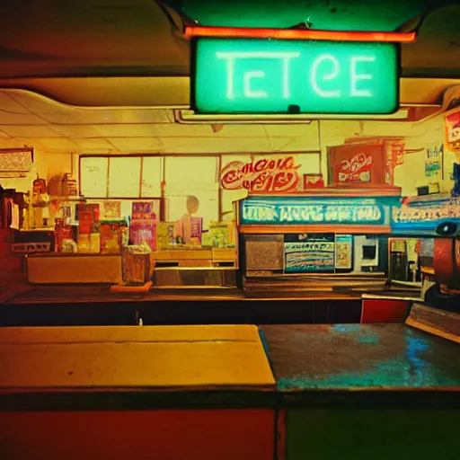 Image similar to a cup of tea on the counter, inside of a 1970s convenience store, neon lights, dirty, ektachrome photograph, volumetric lighting, f8 aperture, cinematic Eastman 5384 film