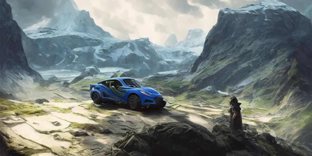 Image similar to wide angle, blue knight, green hatchback car, glacier landscape, norway, D&D, fantasy, intricate, elegant, highly detailed, digital painting, artstation, octane render, concept art, matte, sharp focus, illustration, hearthstone, art by Artgerm and Greg Rutkowski and Alphonse Mucha