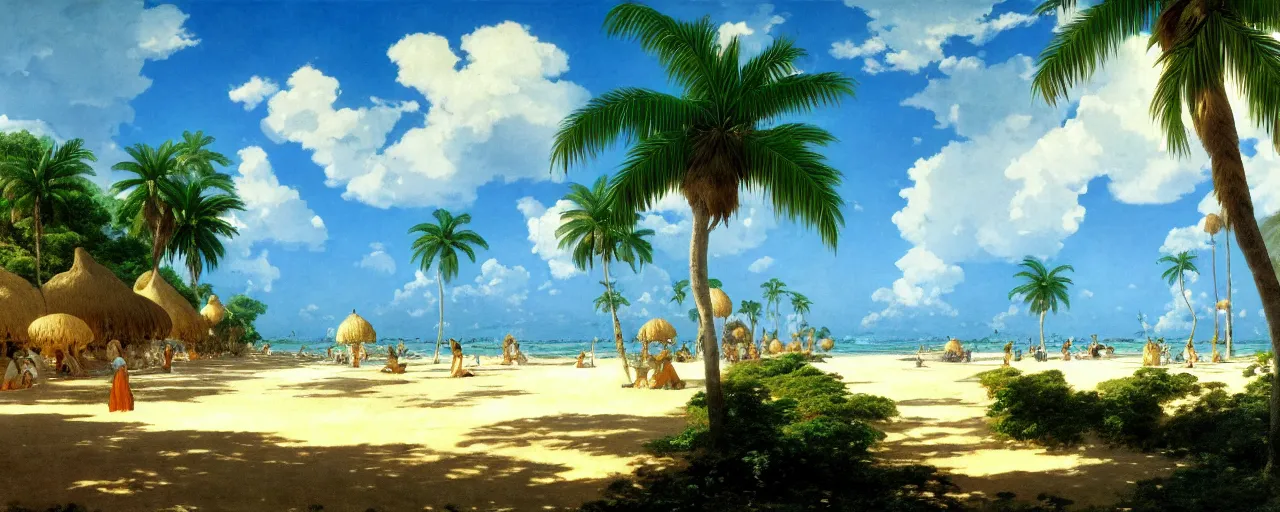 Prompt: ghibli illustrated background of a strikingly beautiful blue sky with puffy white clouds over a tropical beach with palm trees by eugene von guerard, ivan shishkin, john singer sargent, 4 k