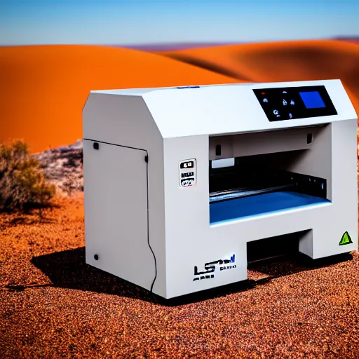 Image similar to stl model slicer GUI control device for industrial house printer, in the australian desert, XF IQ4, 150MP, 50mm, F1.4, ISO 200, 1/160s, dawn