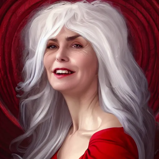 Image similar to middle-aged witch, grinning, foxy, sharp features, big whitened hair, sleeveless red dress, highly detailed, digital painting, artstation, concept art, smooth, sharp focus, beautiful face, expressive eyes, illustration, art by Artgerm and greg rutkowski and alphonse mucha