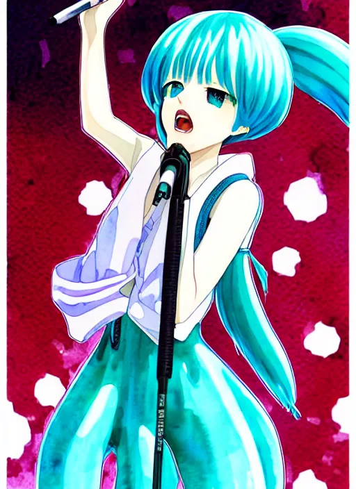 Prompt: a high detail watercolor of miku hatsune singing by Yukito Kishiro and katsuhiro otomo. pixiv fanbox skeb.jp clipstudio medibang ichi-up CGWORLD key visual manga cover