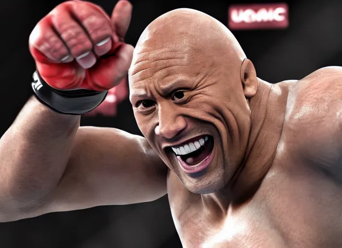 Image similar to dwayne the rock johnson in the ufc, 4 k, photorealistic